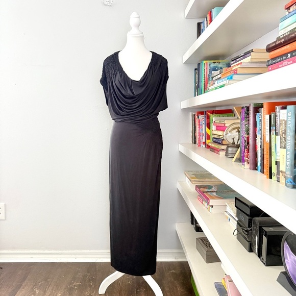 AllSaints Spitalfields Ikola Black Maxi Dress Rouched and Draped Rockstar sz 6